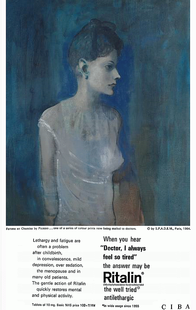 Femme en Chemise by Picasso... one of a series of colour prints mailed to doctors by CIBA, manufacturer of Ritalin.