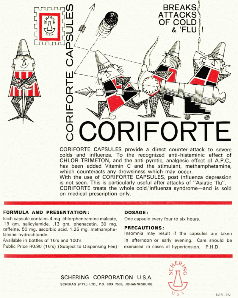 With the use of Coriforte Capsules, post influenza depression is not seen. Formula includes caffeine, vitamin c and methamphetamine.