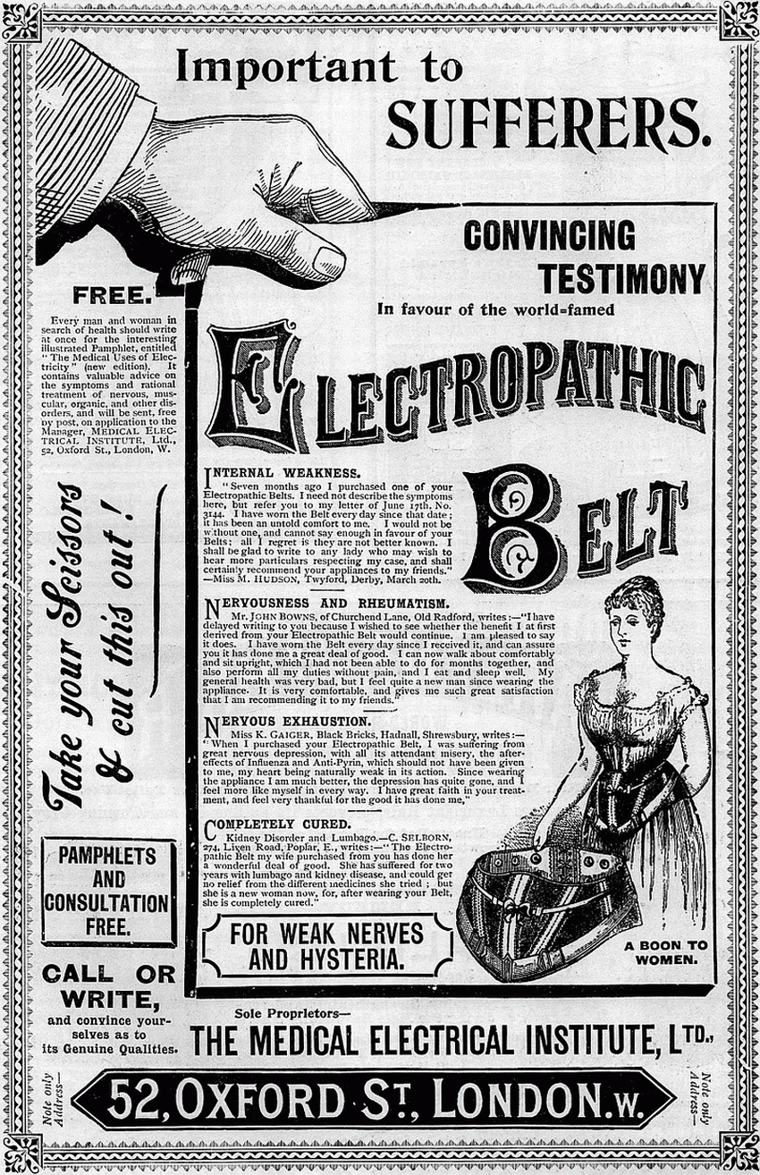 Electropathic Belt for weak nerves and hysteria. A boon to women.