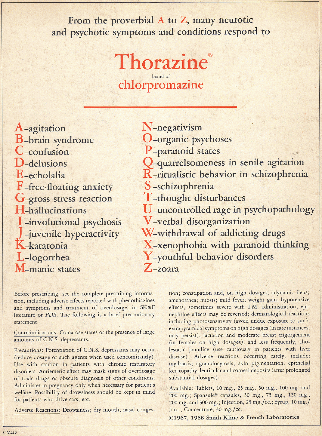 From A (agitation), B (brain syndrome) and C (confusion), to X (xenophobia), Y (youthful behavior disorders) and Z (zoara), many symptoms respond to Thorazine.  Zoara is another word for insomnia.