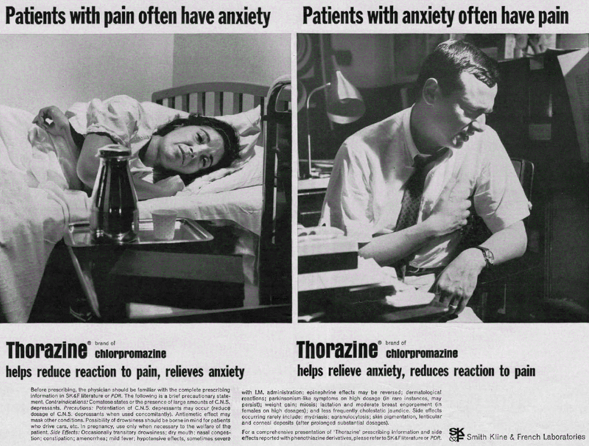 thorazine helps relieve anxiety, reduces reaction to pain 